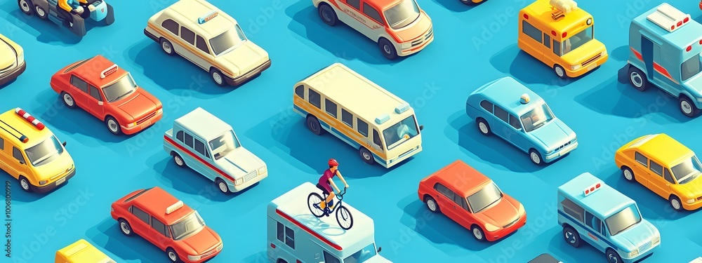 Naklejka premium A vector illustration of various vehicles such as cars, ambulances, and police trucks on the street. The background is light blue with a simple design