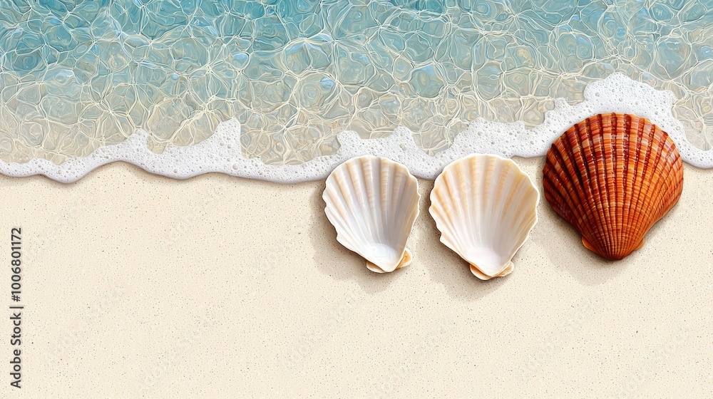 Seashells on a sandy beach with gentle ocean waves in the background. Seashells on a sandy beach with gentle ocean waves in the background.