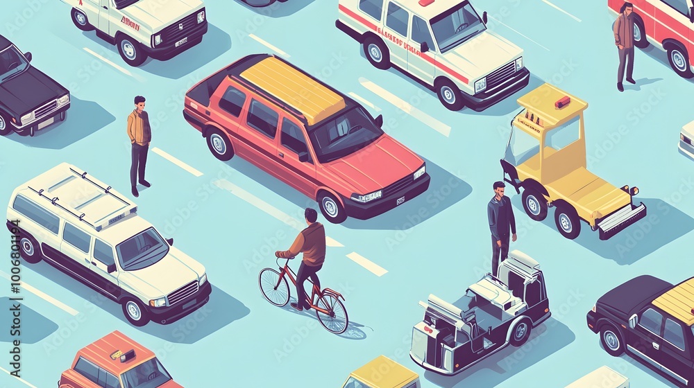 Naklejka premium A vector illustration of various vehicles such as cars, ambulances, and police trucks on the street. The background is light blue with a simple design