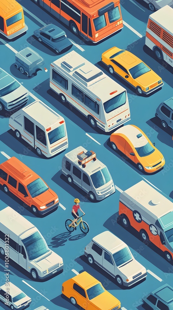 Naklejka premium A vector illustration of various vehicles such as cars, ambulances, and police trucks on the street. The background is light blue with a simple design