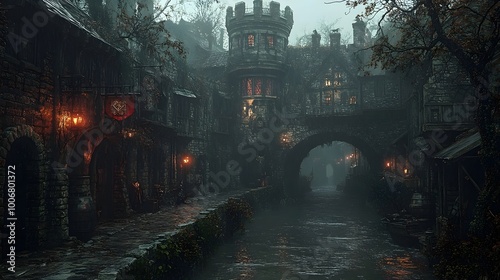 A misty, medieval canal runs through a mysterious town, with stone buildings lining the path and a looming tower at the end.