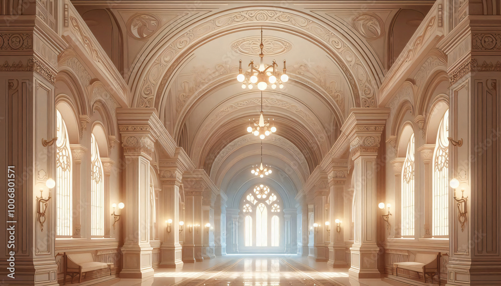 Fototapeta premium Enchanted Castle Hallway with Grand Arches and Soft Glow for Visual Novel 