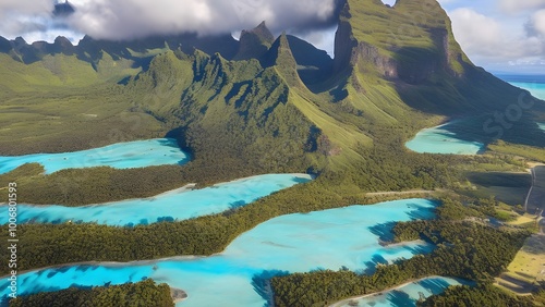 Aerial Perspective of Mount Otemanu on the Stunning Island of Bora Bora, Generative with AI. photo