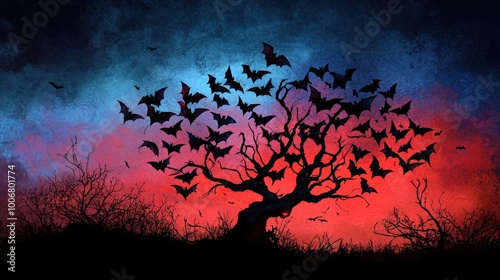 Silhouette of a twisted tree with bats against a dramatic twilight sky. photo