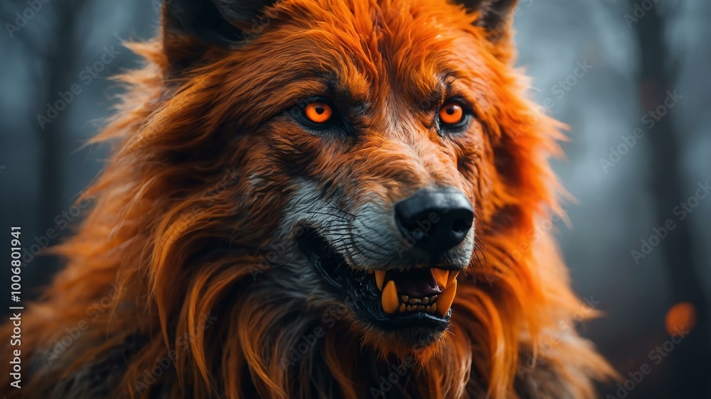 abstract eerie glowing orange closeup of a Halloween werewolf on misty background, bokeh background