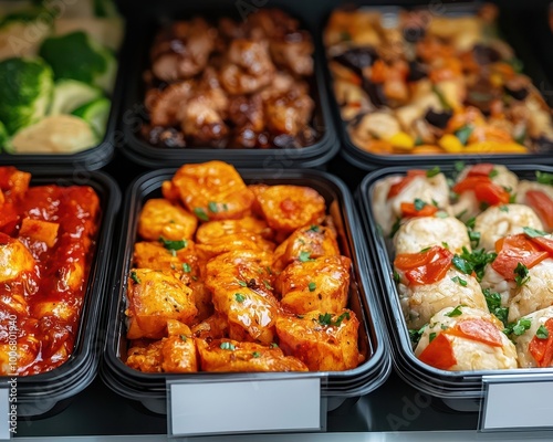 Close-up view of various prepared food lying on fridge shelf in micromarket small unmanned vending store Blank price tags Soft focus Ready to eat food business theme