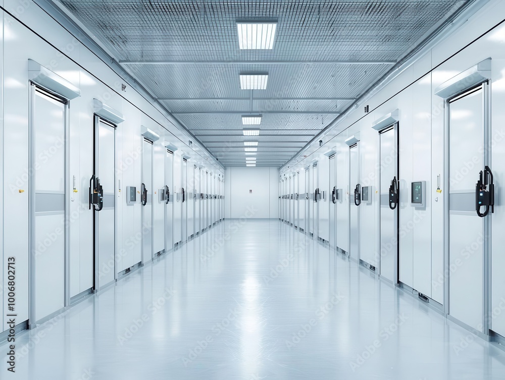 Fototapeta premium Advanced industrial freezer technology in expansive warehouse setting