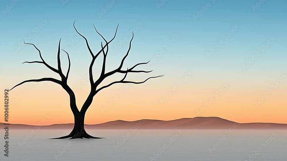 Solitary tree silhouette against a serene gradient sky at dusk. Solitary tree silhouette against a serene gradient sky at dusk.