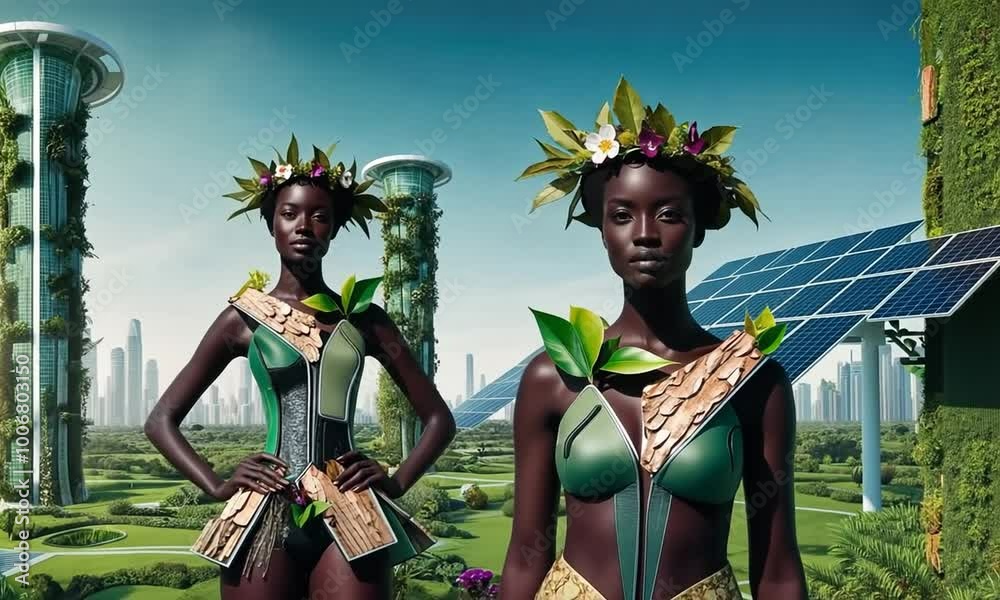 Witness a captivating display of eco-conscious fashion where models showcase stunning nature-themed clothing amidst a futuristic city filled with greenery and renewable energy