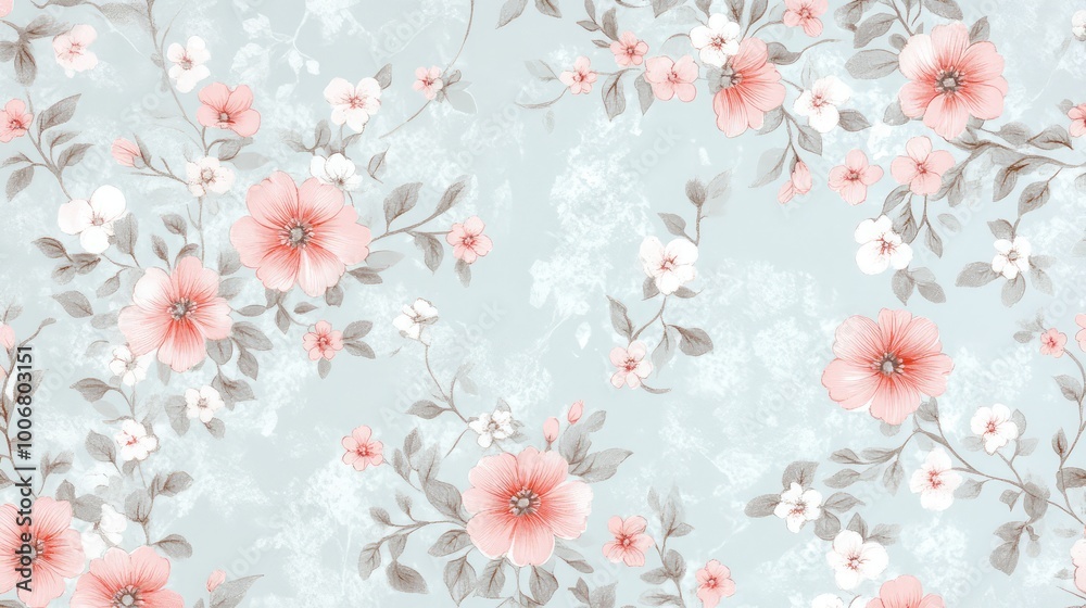 Tiny, intricate floral motifs in soft pink and gray, scattered across a pale blue tile background for a delicate effect. Tiny, intricate floral motifs in soft pink and gray, scattered across a pale blue tile background for a delicate effect.
