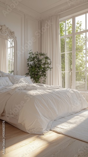 create a realistc and high quality image of white bedroom, with a large french style window translucid cortains, light wood floor, detail french on wall, shine pillows, mirror on the wall behind the b photo