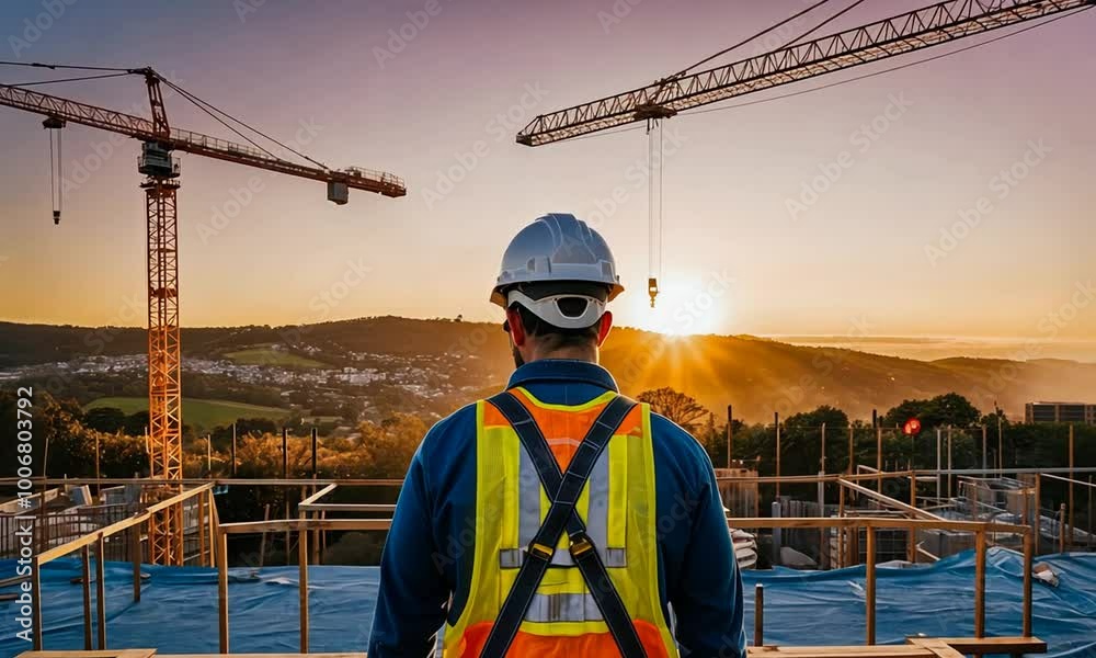 As the sun sets behind the hills, a construction worker reflects on the day’s progress at the building site, surrounded by cranes and wooden frameworks As the sun sets behind the hills, a construction worker reflects on the day’s progress at the building site, surrounded by cranes and wooden frameworks