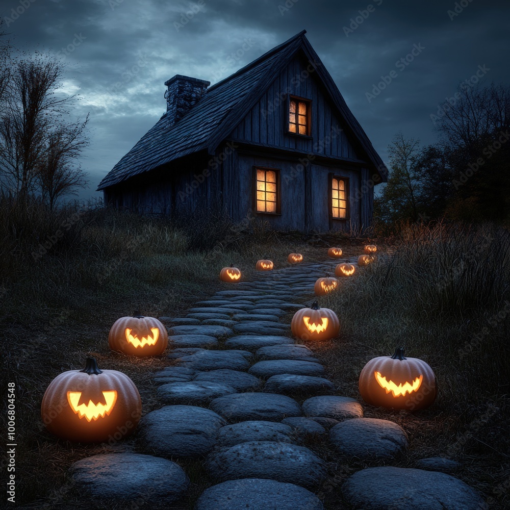 custom made wallpaper toronto digitalSpooky pumpkin path leading to a haunted house at night with glowing windows.