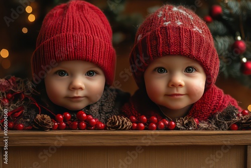 Merry Christmas. Two cute little babies in red knitted hats. Happy New Year