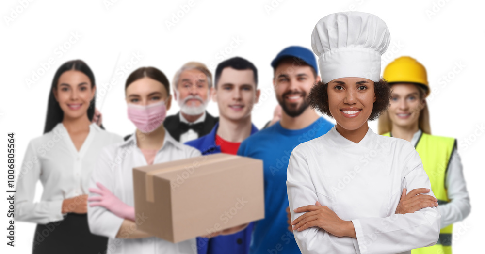 Cook and people of other professions on white background, selective focus. Banner design Cook and people of other professions on white background, selective focus. Banner design