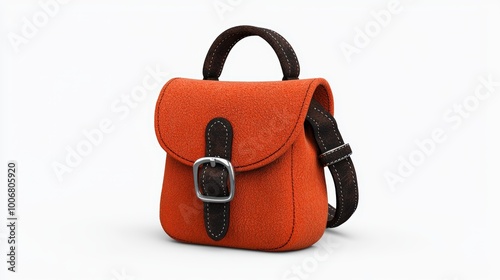 Stylish orange felt backpack with brown leather straps on white isolate background. photo