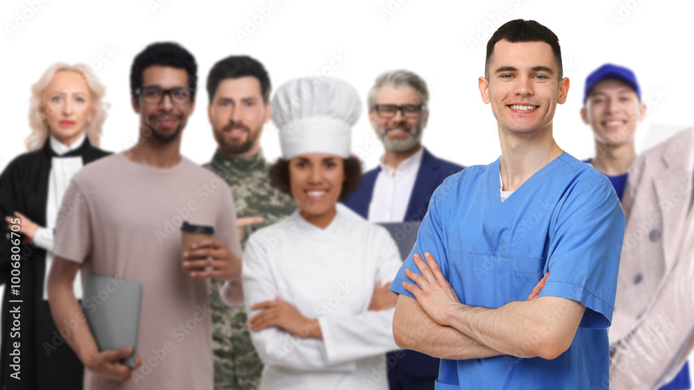 Healthcare worker and people of other professions on white background, selective focus. Banner design Healthcare worker and people of other professions on white background, selective focus. Banner design