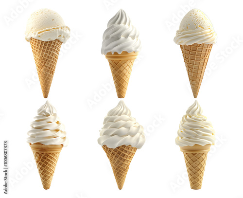 Delicious ice cream cones in various styles on transparent background photo