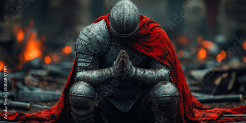 A knight in full armor, with his hands clasped together and head bowed to the ground on an old battlefield where fallen soldiers lie scattered around him.