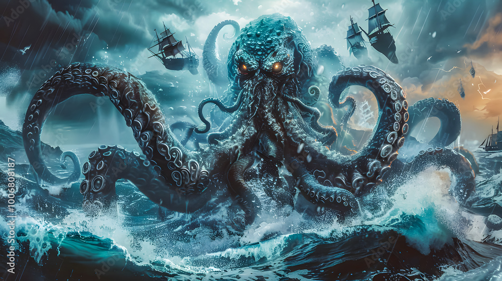 Epic fantasy scene of a colossal kraken, resembling Cthulhu, emerging from the deep sea, attacking a ship amidst stormy waves. Perfect for horror-themed designs or mysterious, dark backgrounds Epic fantasy scene of a colossal kraken, resembling Cthulhu, emerging from the deep sea, attacking a ship amidst stormy waves. Perfect for horror-themed designs or mysterious, dark backgrounds