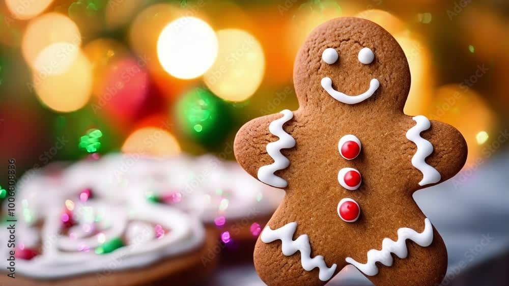 Smiling gingerbread man cookie stands joyfully in front of twinkling christmas lights, spreading holiday cheer and warmth, embodying the festive spirit of the season Smiling gingerbread man cookie stands joyfully in front of twinkling christmas lights, spreading holiday cheer and warmth, embodying the festive spirit of the season