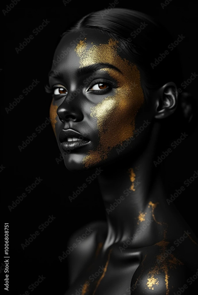Striking Beauty in Black and Gold: Woman with Painted Skin in Elegant Background for Decoration