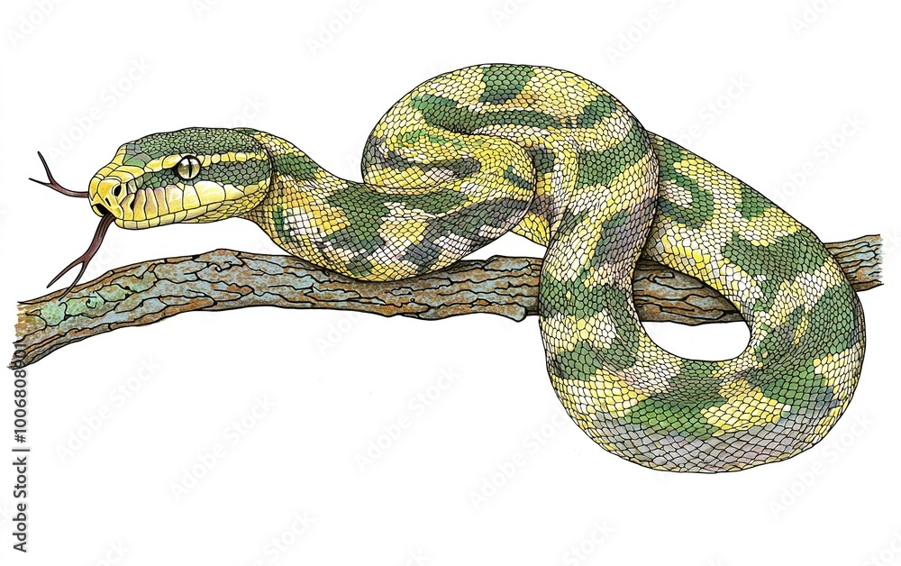 Fototapeta premium A vibrant green tree snake gracefully rests on a branch in a lush forest, showcasing its intricate patterns in the dappled sunlight