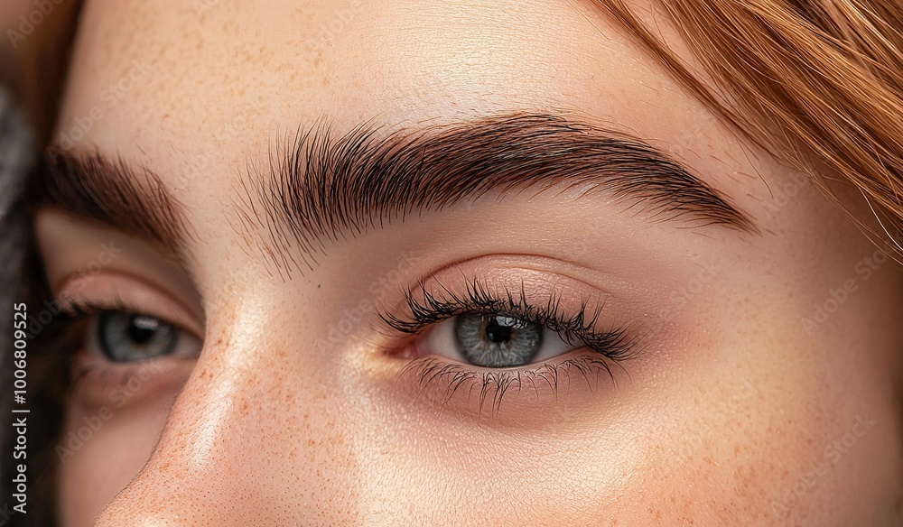 Fototapeta premium Captivating close-up of a young woman with striking blue eyes and well-groomed eyebrows showcasing natural beauty in soft lighting