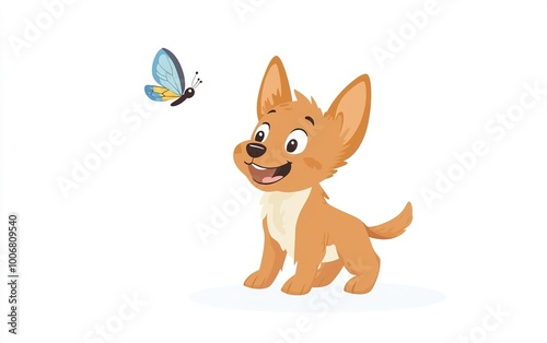 A joyful corgi puppy captures a delicate butterfly in a playful encounter, celebrating nature's beauty with playful curiosity