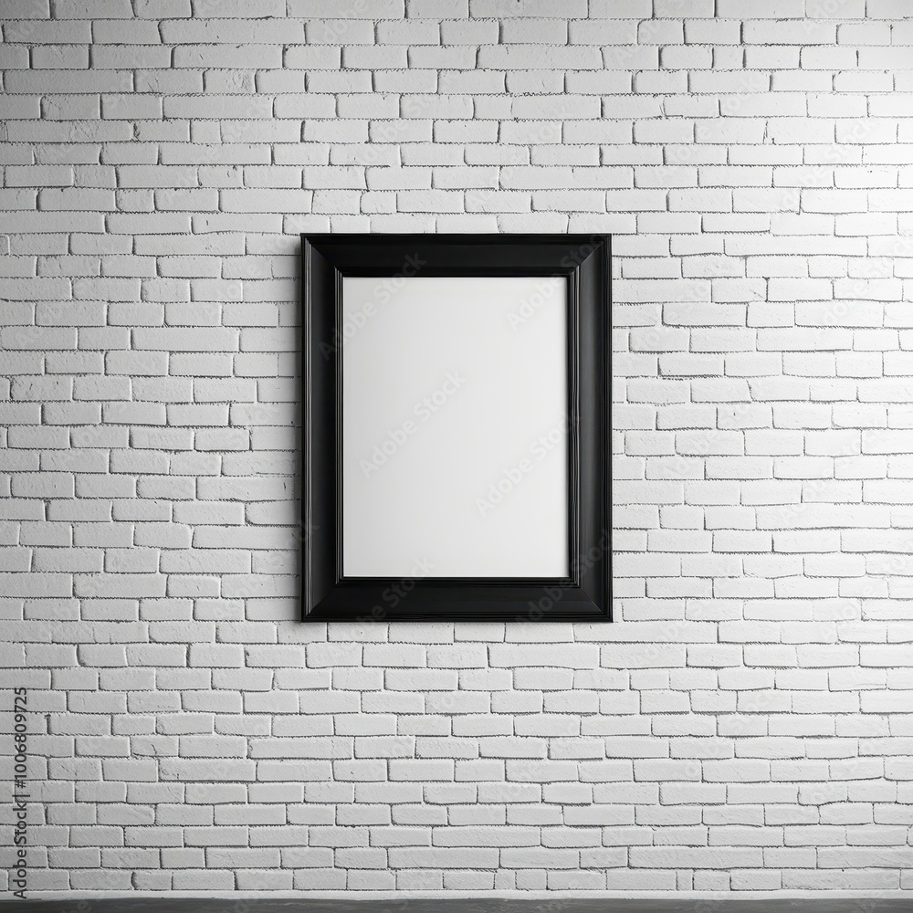 A blank mirror frame hangs on a textured white brick wall, emphasizing simplicity and elegance. A blank mirror frame hangs on a textured white brick wall, emphasizing simplicity and elegance.