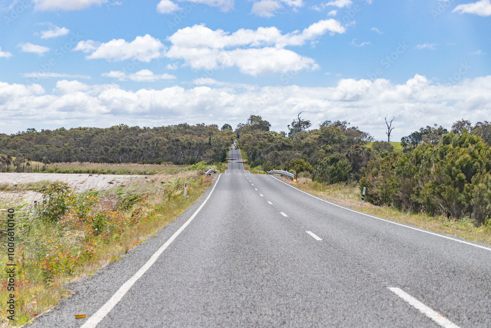 Long Open Highway Stretching Across Peaceful Countryside Long Open Highway Stretching Across Peaceful Countryside