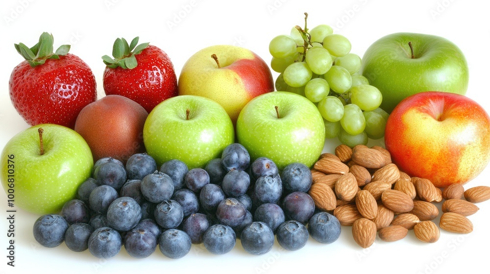 A container of Greek yogurt alongside fresh fruits and nuts, placed on a white background for a healthy, balanced snack image. A container of Greek yogurt alongside fresh fruits and nuts, placed on a white background for a healthy, balanced snack image.