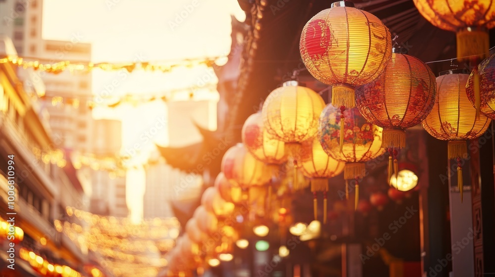 Traditional Chinese lanterns hang beautifully in front of a storefront in Singapore, glowing softly as evening descends, celebrating the Mid-Autumn Festival with vibrant colors
