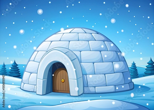 Snowflakes gently fall around the intricately crafted igloo, its entrance a small portal to a cozy interior, a tiny window peeking out like a frozen smile. photo