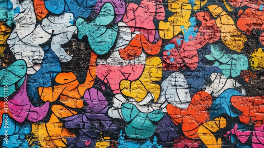 Obraz premium This graffiti artwork showcases a vibrant mix of colorful shapes dancing across a brick textured street wall, bursting with energy.