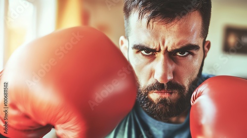 A determined boxer training indoors, showcasing strength and focus with boxing gloves raised in a fighting stance. photo