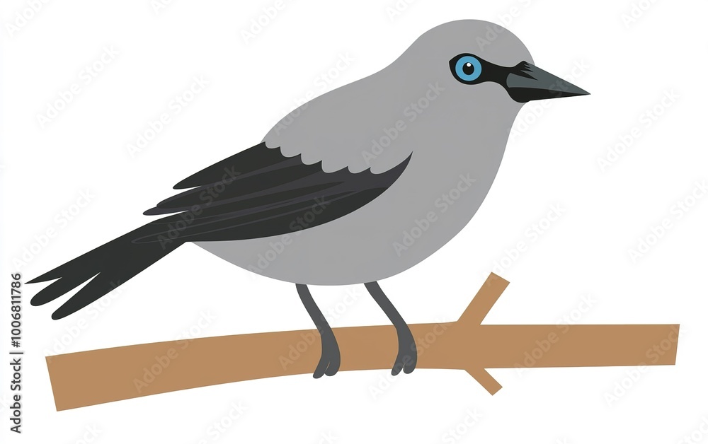 Obraz premium A charming gray bird with striking blue eyes perched on a slender branch under the soft light of a serene morning