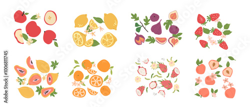 Abstract modern fruits, flat collection. Set of tropical fruits whole, slices, pieces. Apple, lemon, strawberry, figs, papaya, orange, dragon fruit, peach plant parts set.