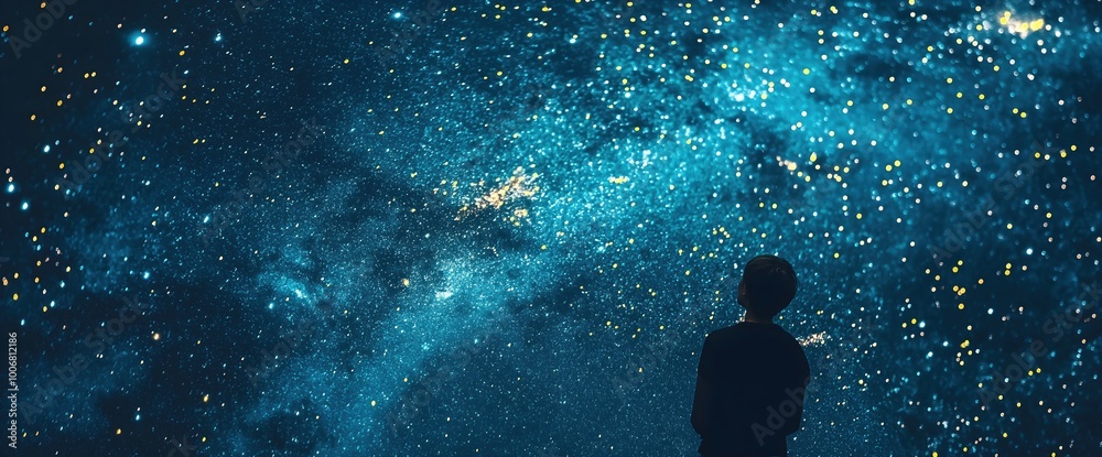 Person silhouette gazing at starry night sky. Cosmic wonder and self-reflection concept. World Space Week celebration Person silhouette gazing at starry night sky. Cosmic wonder and self-reflection concept. World Space Week celebration