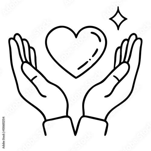 The heart in the palms of hands. Icon, logo, emblem, symbol. Kindness, charity, love, care.