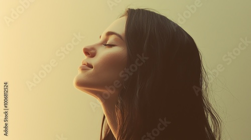 A serene profile of a woman basking in warm sunlight, embodying peace and tranquility in a moment of reflection.
