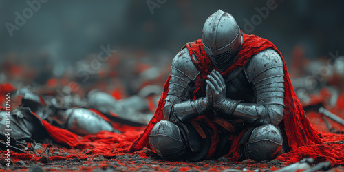A knight in full armor, with his hands clasped together and head bowed to the ground on an old battlefield where fallen soldiers lie scattered around him.