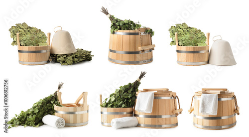 Foto Different sauna items isolated on white, set