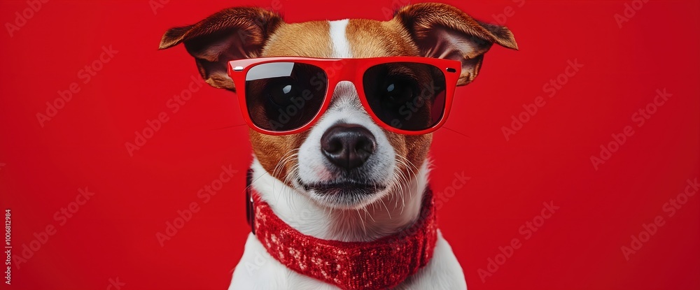 Jack russell terrier in red sunglasses and scarf on vibrant background. Cool pet portrait. World Pets Day celebration concept Jack russell terrier in red sunglasses and scarf on vibrant background. Cool pet portrait. World Pets Day celebration concept