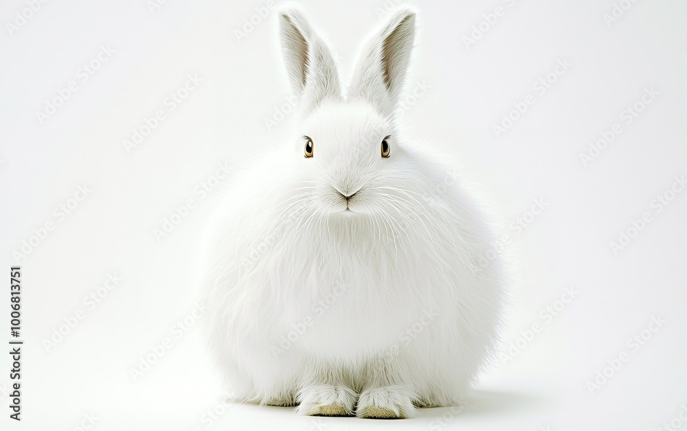 Obraz premium A fluffy white rabbit sits calmly against a plain backdrop, exuding a sense of tranquility and cuteness in a serene setting