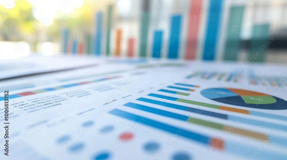 Colorful Business Charts and Graphs on Table Colorful Business Charts and Graphs on Table