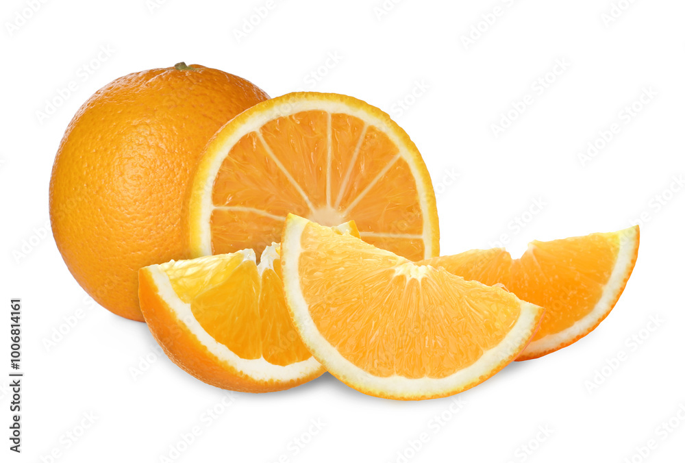 Fresh ripe oranges on white background. Citrus fruit