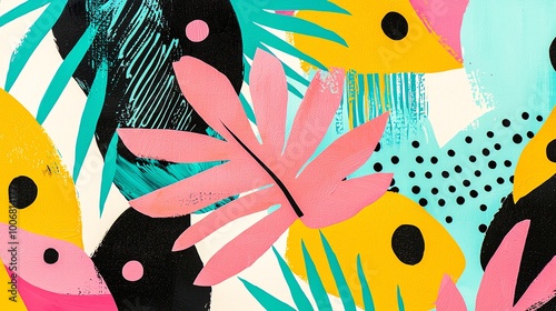 A vibrant tropical pattern featuring bold shapes and colors, perfect for modern decor and design projects.