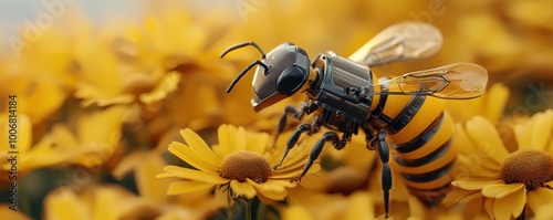 Robot bee pollinating vibrant yellow flowers in a lush garden setting.