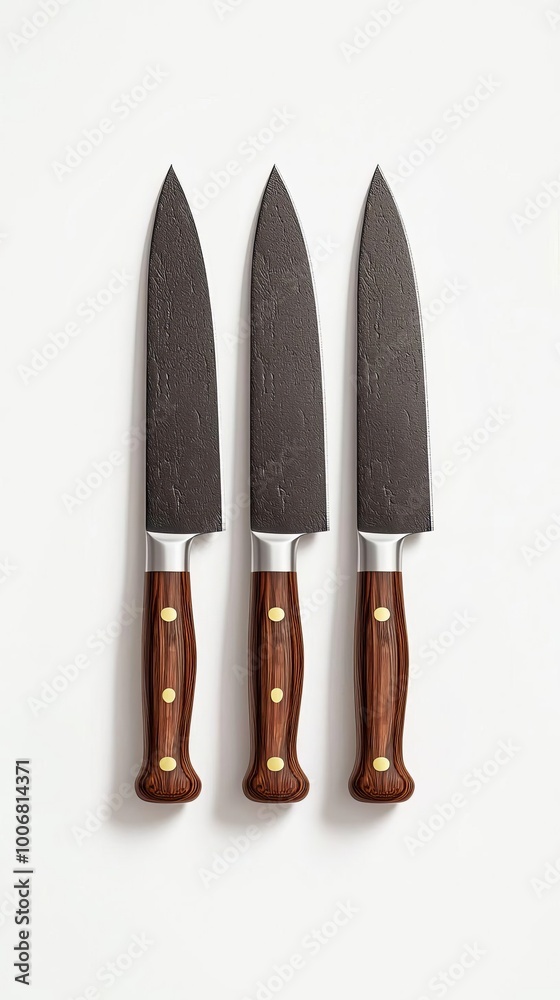 Professional Chefs Knives Set 3D Rendering with Wooden Handles and Sharp Blades  Culinary Tools